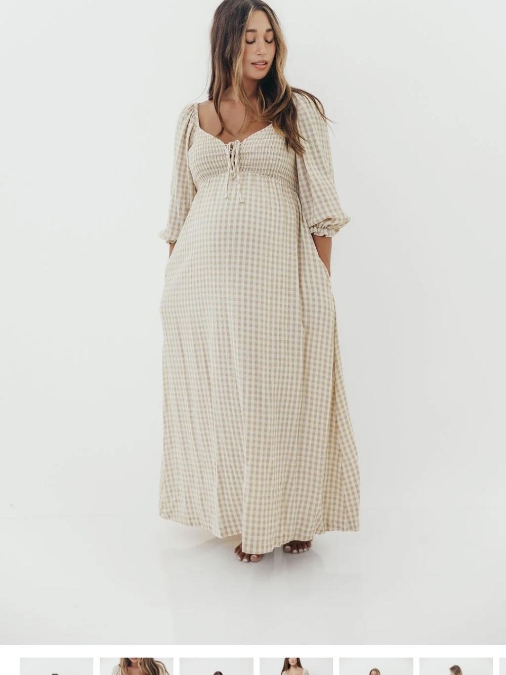 Beige Gingham Tie-Front Maxi Dress